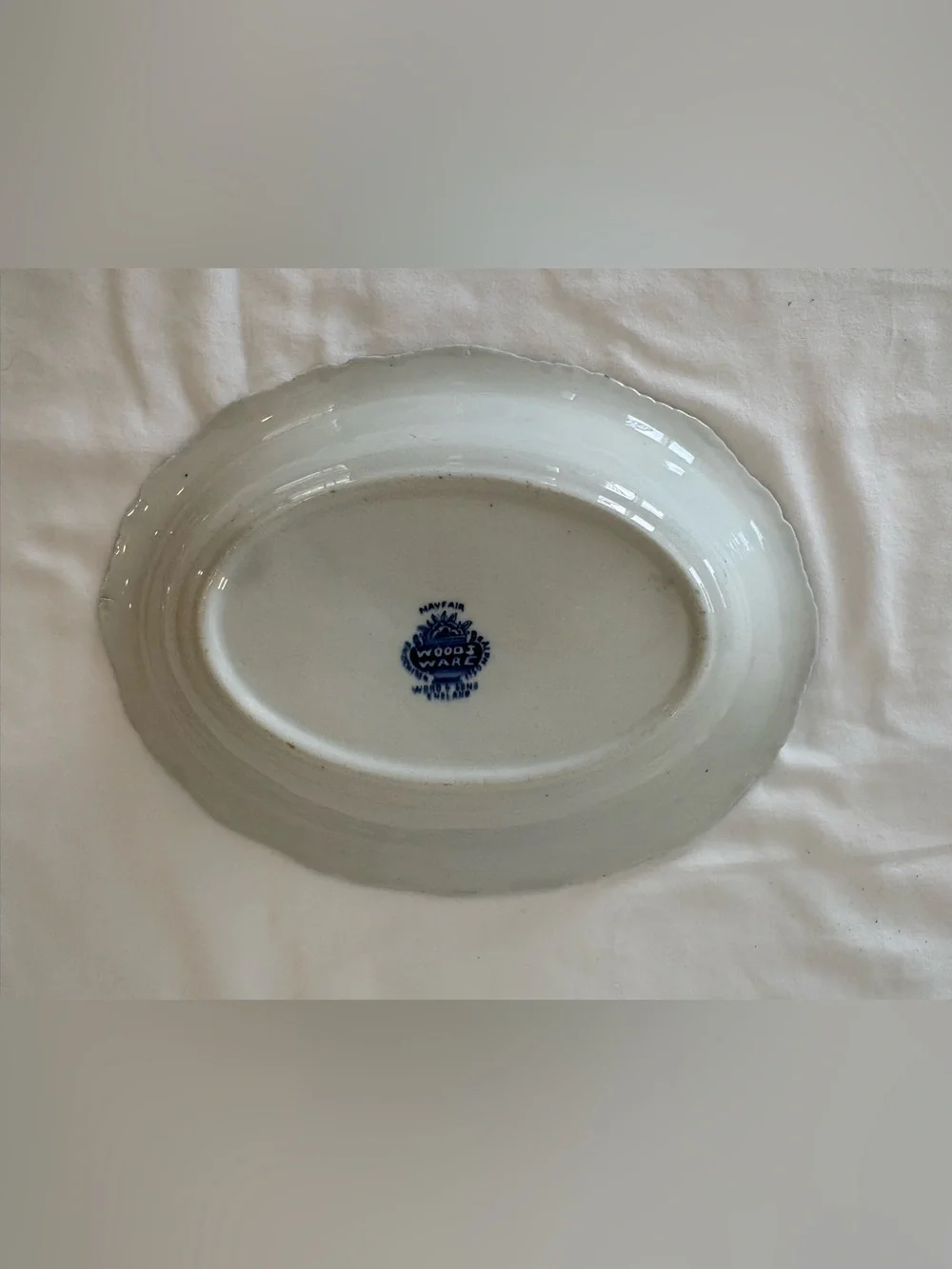 Vtg Woods Ware Mayfair Blue & White Oval Serving Bowl Bird/Floral 10”